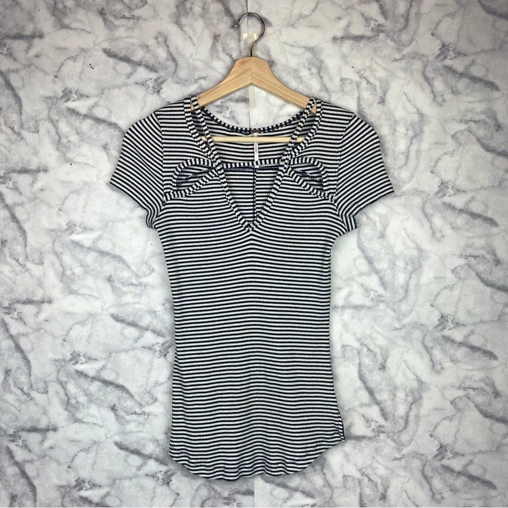 Free People Black and White Fitted Cut Out Tee